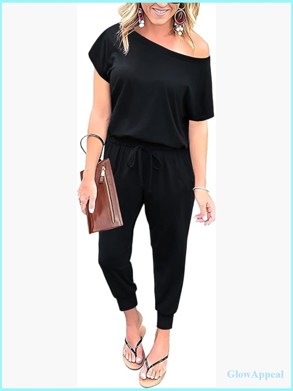 Off Shoulder Jumpsuit Romper with Pockets Elastic Waist Summer